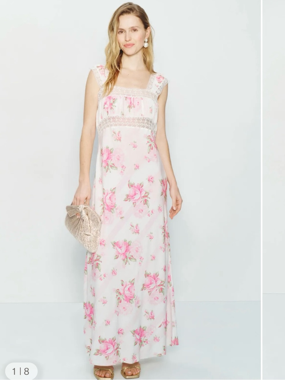 Veronica Slip Dress Floral Lace-Trim Maxi Dress in Pink